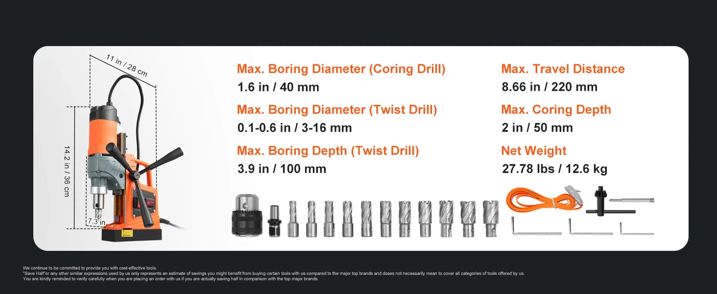 SucceBuy 11PCs Magnetic Drill Motor 1.6 in 1450W Boring Diameter 850RPM Speed 2810 lbf Portable Electric Mag Drill Press