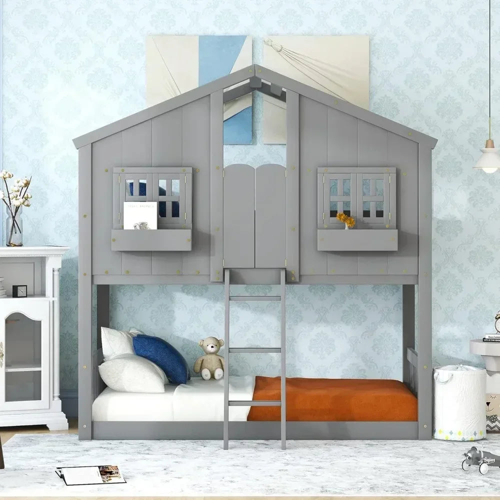 Hign-concerned Teak Wood Twin House Bunk Bed With Roof