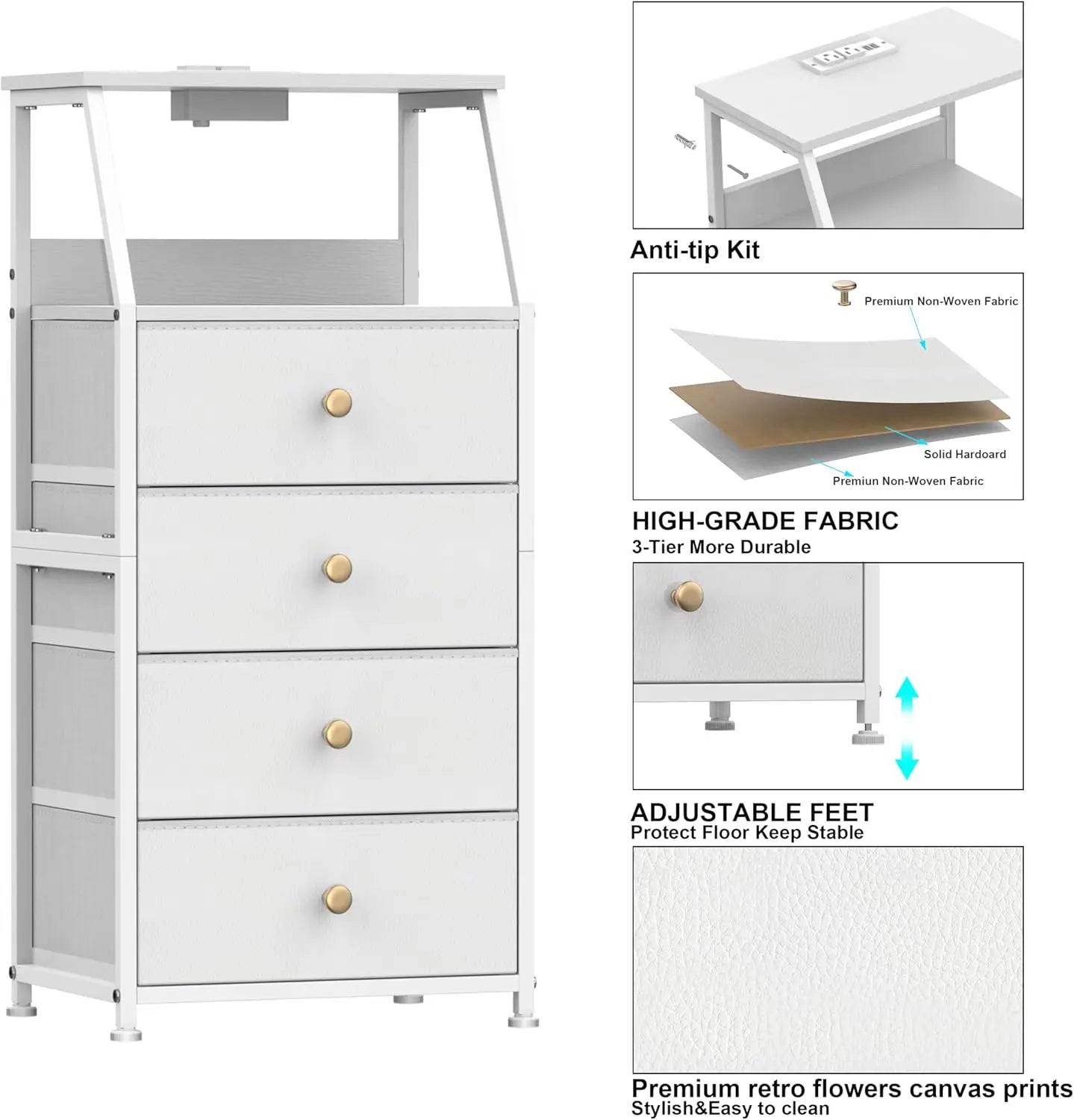 HUANHUI Nightstand Dresser With Fabric Drawers And 2 Tier Shelf