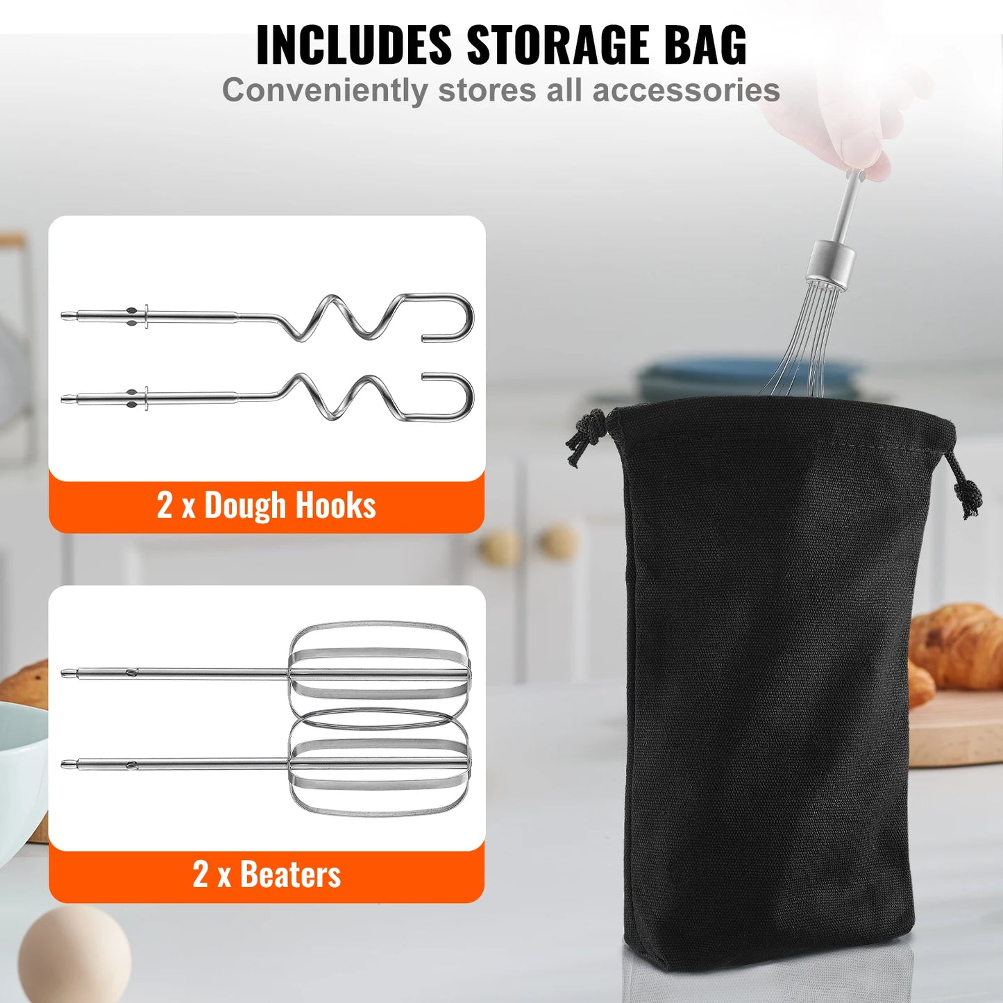 VEVOR Cordless Electric Hand Mixer HM1410 5 Gear 1100 RPM For Whipping Eggs And Batter