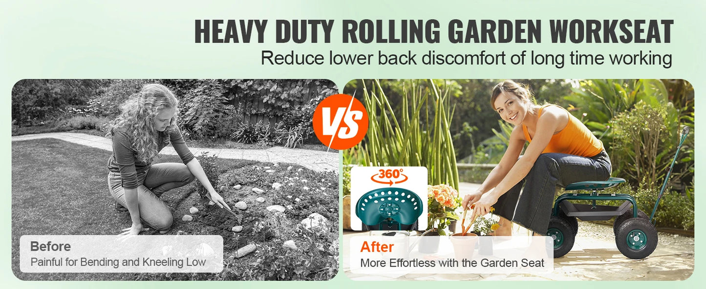 SucceBuy Garden Cart Rolling Workseat with Wheels Gardening Stool for Planting 360Degree Swivel Seat Wagon Scooter with Steering