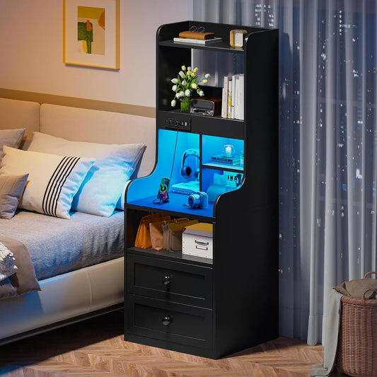 XMSJ Tall Nightstand With LED Lights And USB Charging