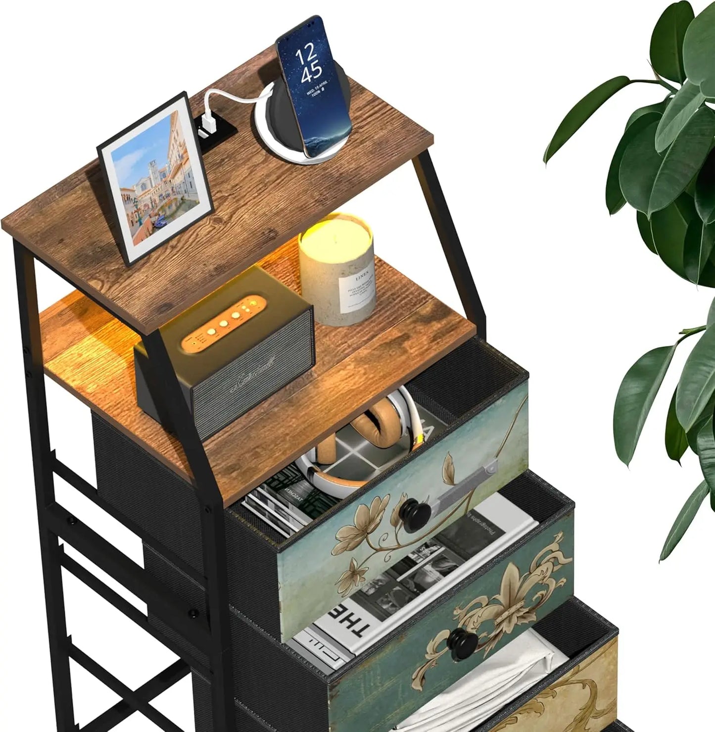 HUANHUI Nightstand Dresser With Fabric Drawers And 2 Tier Shelf