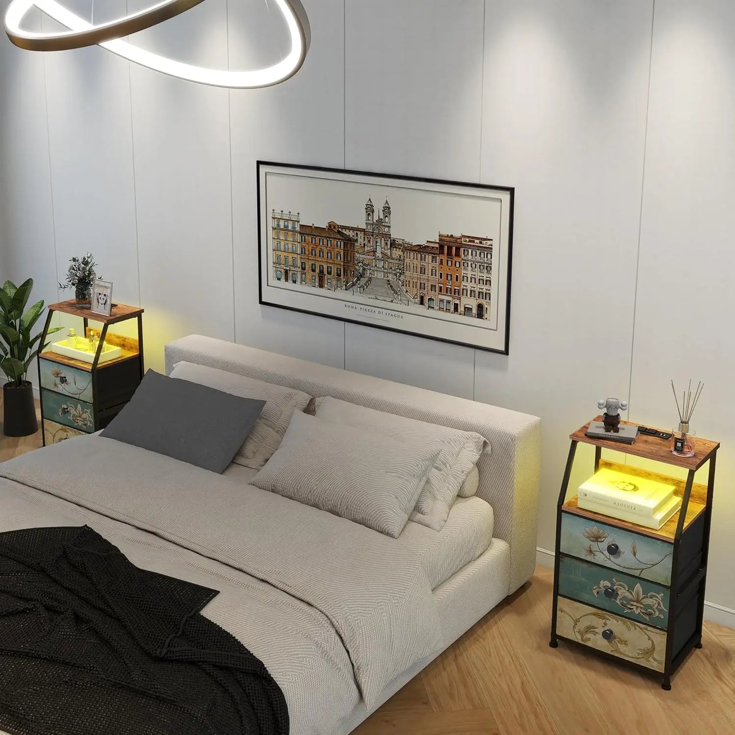 HUANHUI Nightstand Dresser With Fabric Drawers And 2 Tier Shelf