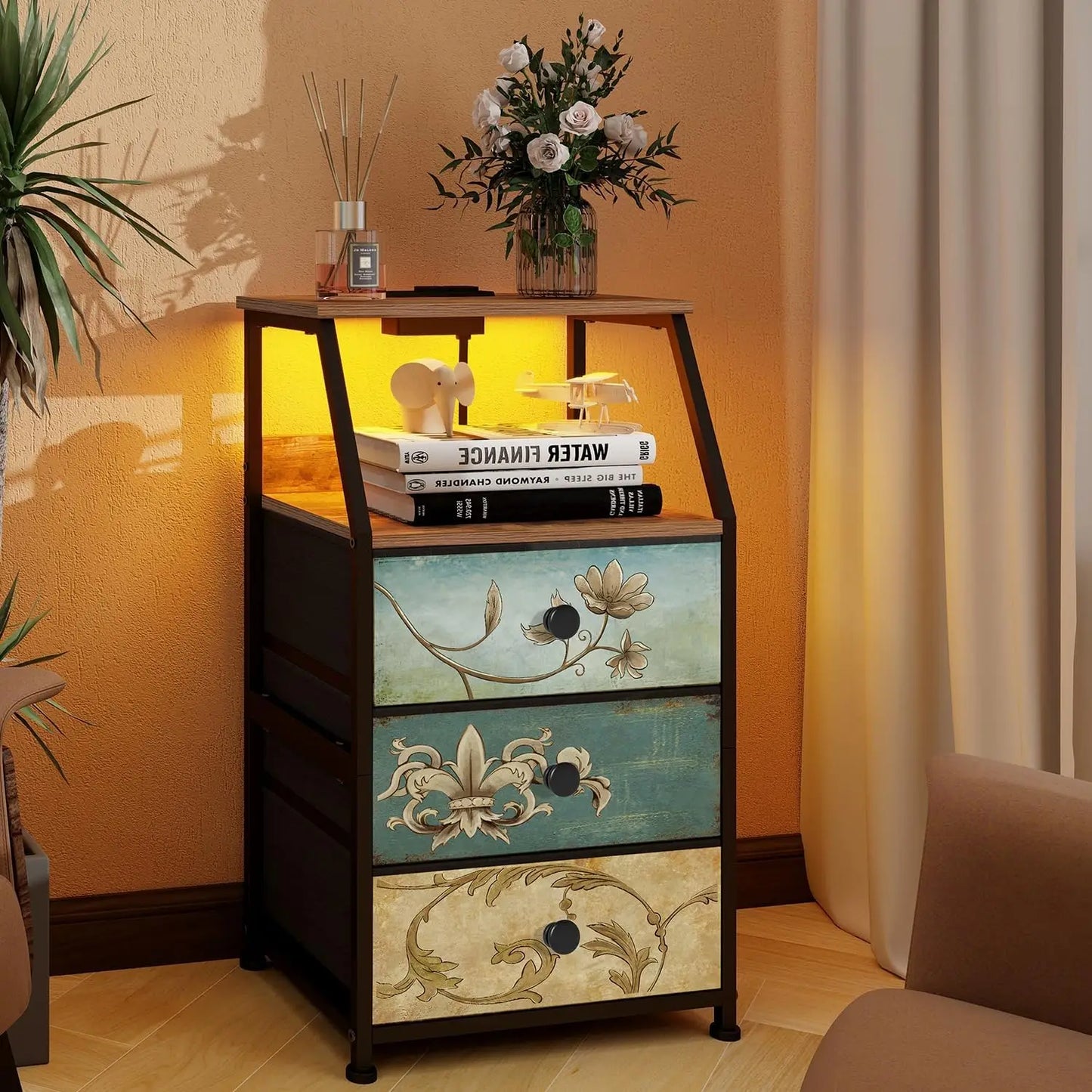 HUANHUI Nightstand Dresser With Fabric Drawers And 2 Tier Shelf