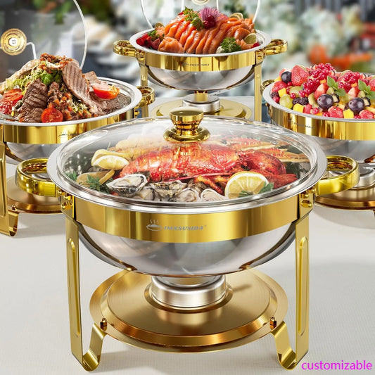 Chafing Dish Buffet Set 4 Pack, 6QT Gold Round Chafing Dishes for Buffet, High Grade Chafers and Buffet Warmers Sets