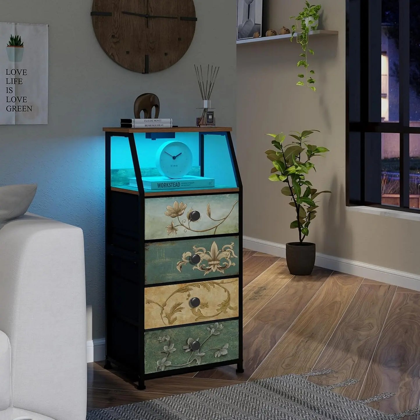 HUANHUI Nightstand Dresser With Fabric Drawers And 2 Tier Shelf