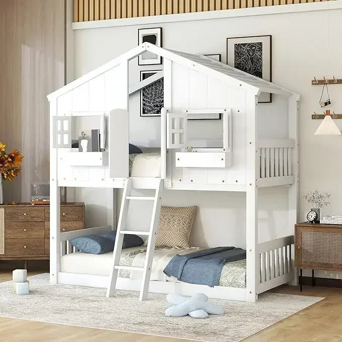 Hign-concerned Teak Wood Twin House Bunk Bed With Roof