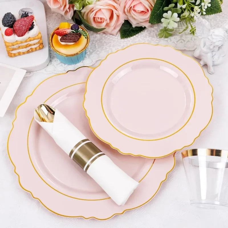 100Plates 350PCS Pink Plates Disposable Plastic Dinnerware include - Pink and Gold Plates 50guest Baroque