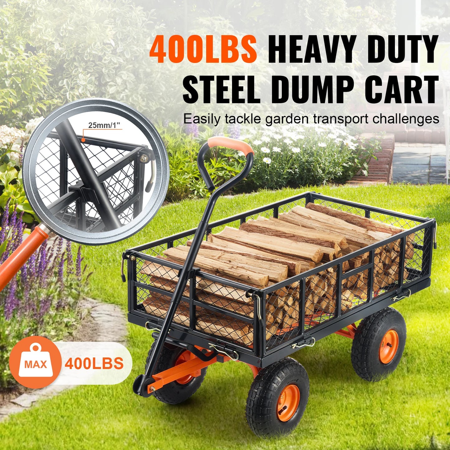 SucceBuy Garden Cart Sturdy Metal Utility Wagon with Simple Assembly Versatile Dump Cart Wheelbarrow with 400/880lbs Capacity
