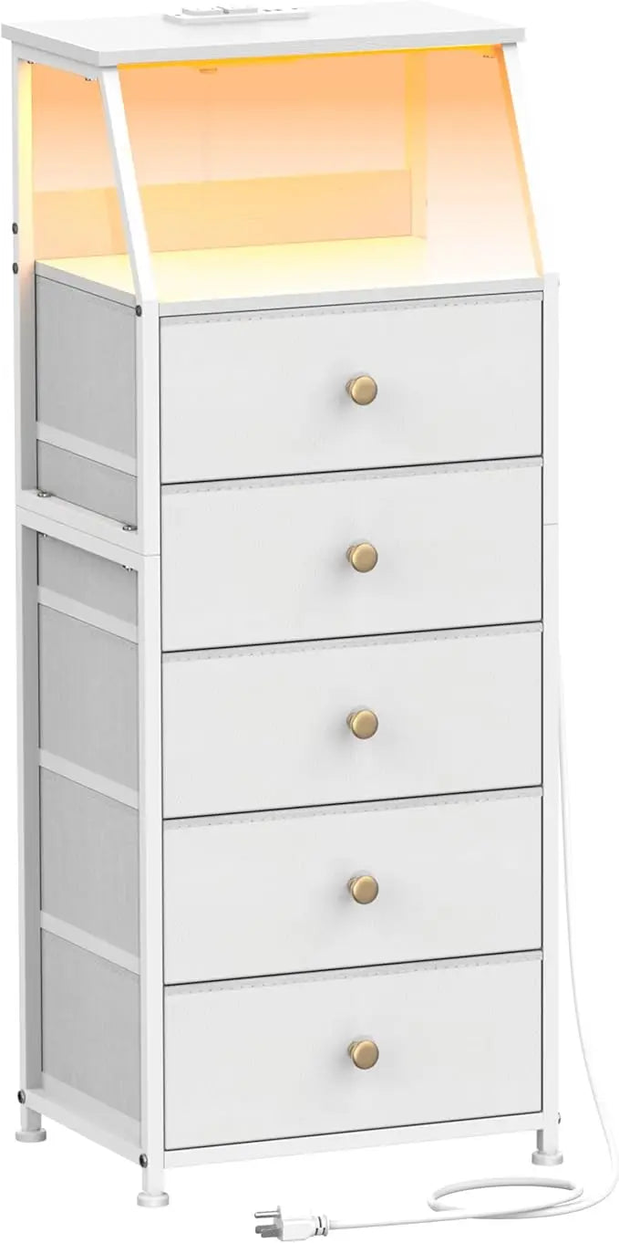 HUANHUI Nightstand Dresser With Fabric Drawers And 2 Tier Shelf