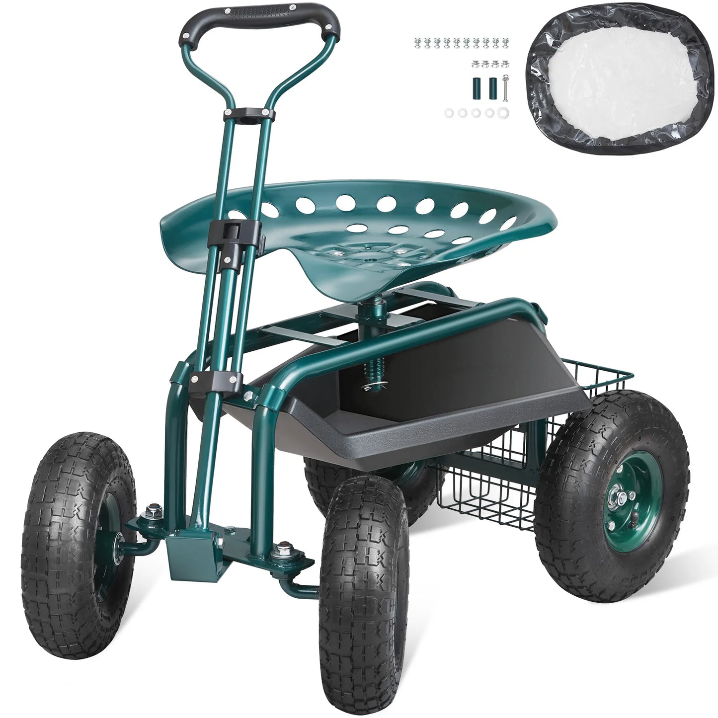 SucceBuy Garden Cart Rolling Workseat with Wheels Gardening Stool for Planting 360Degree Swivel Seat Wagon Scooter with Steering