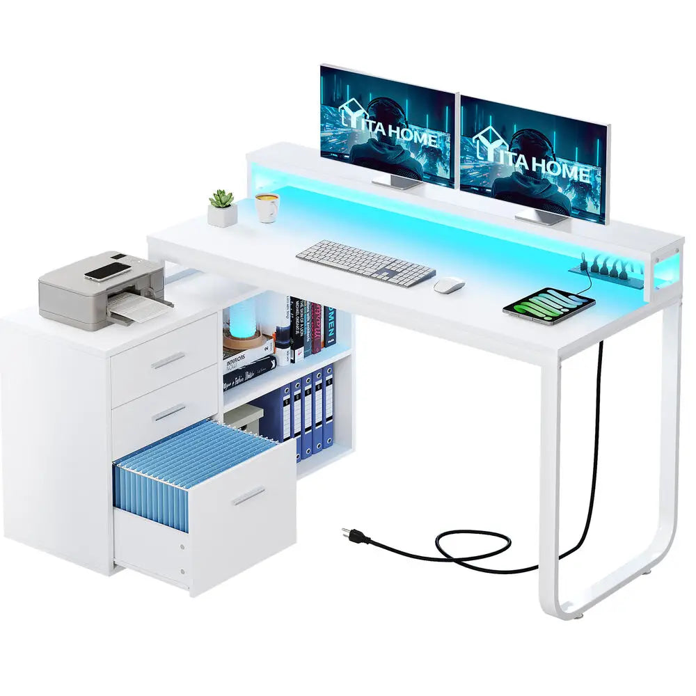 Hign-concerned L-Shaped Gaming Computer Desk With File Drawers