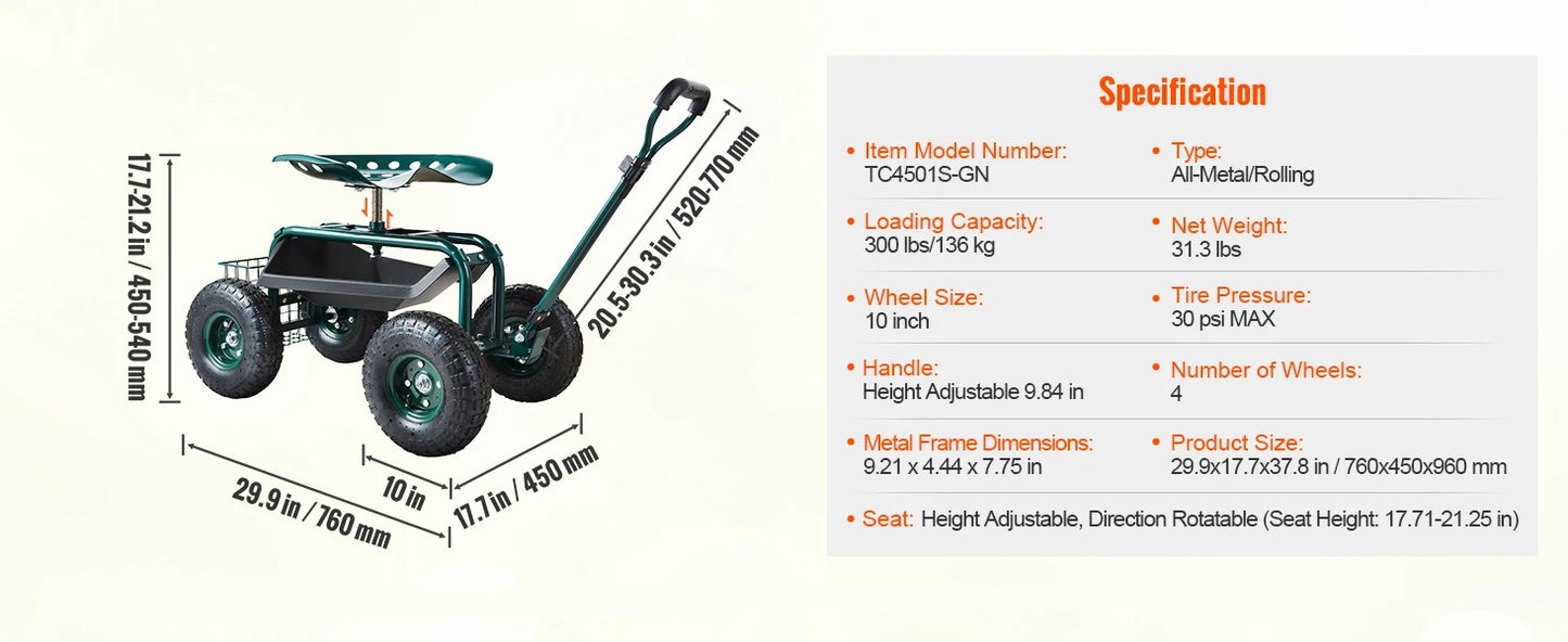 SucceBuy Garden Cart Rolling Workseat with Wheels Gardening Stool for Planting 360Degree Swivel Seat Wagon Scooter with Steering