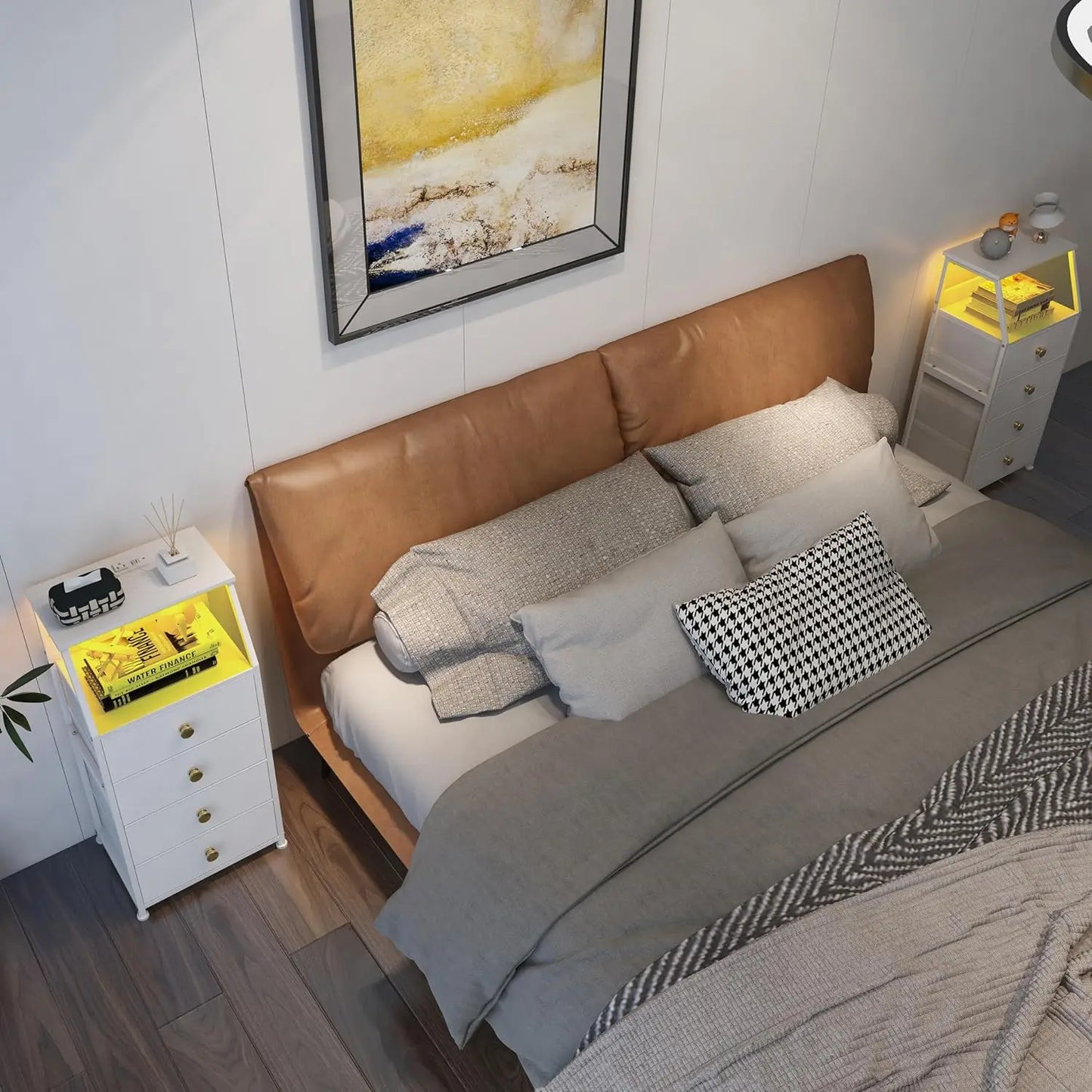 HUANHUI Nightstand Dresser With Fabric Drawers And 2 Tier Shelf