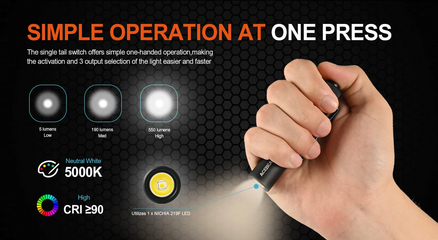 ACEBEAM Pokelit AA EDC Flashlight 1000 Lumens High CRI90 USB-C Rechargeable IP68 Small Pocket LED Flashlight for Everyday Carry