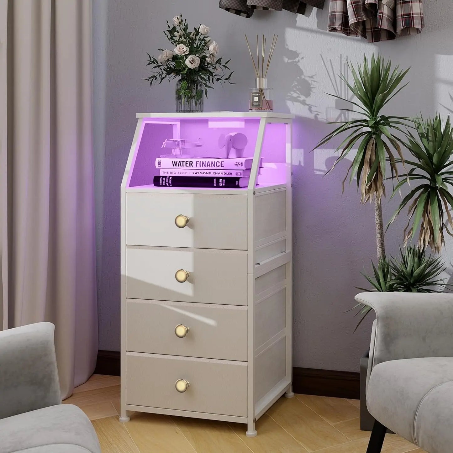 HUANHUI Nightstand Dresser With Fabric Drawers And 2 Tier Shelf