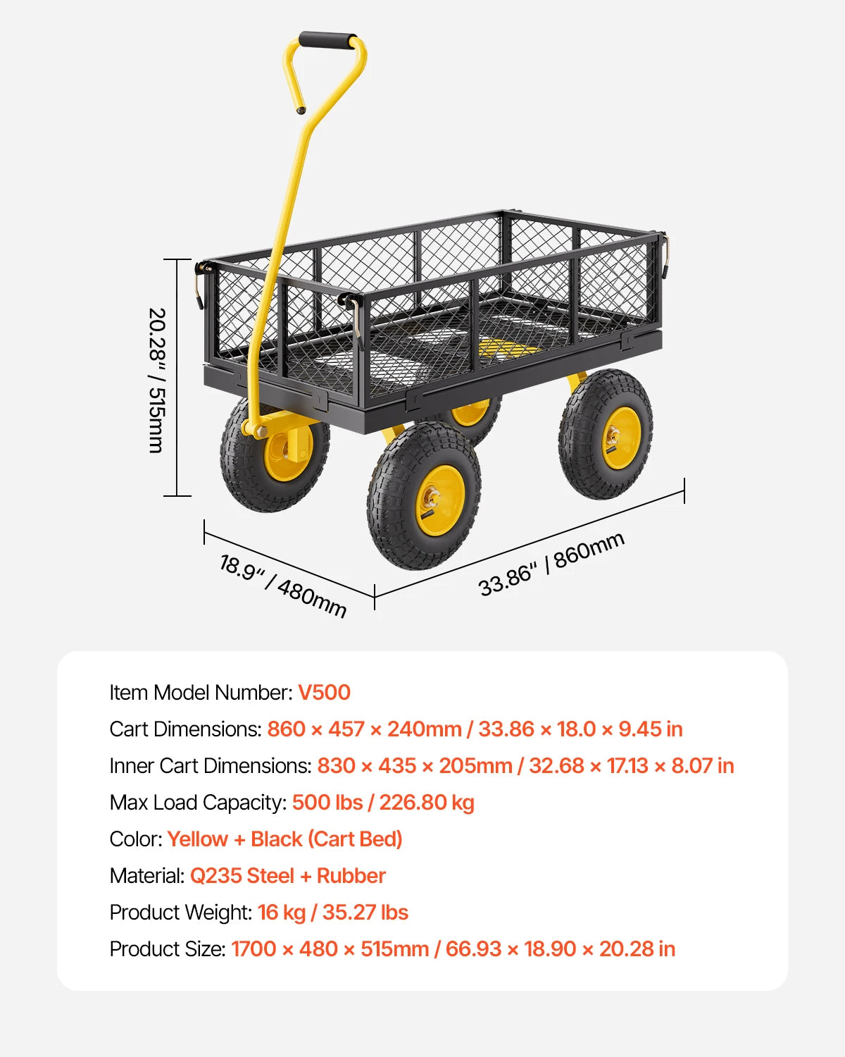 SucceBuy Steel Garden Cart Pullable on Wheels Metal Yard Wagon Cart W/ All TerrainTires Mesh Removable Sides and Rotating Handle