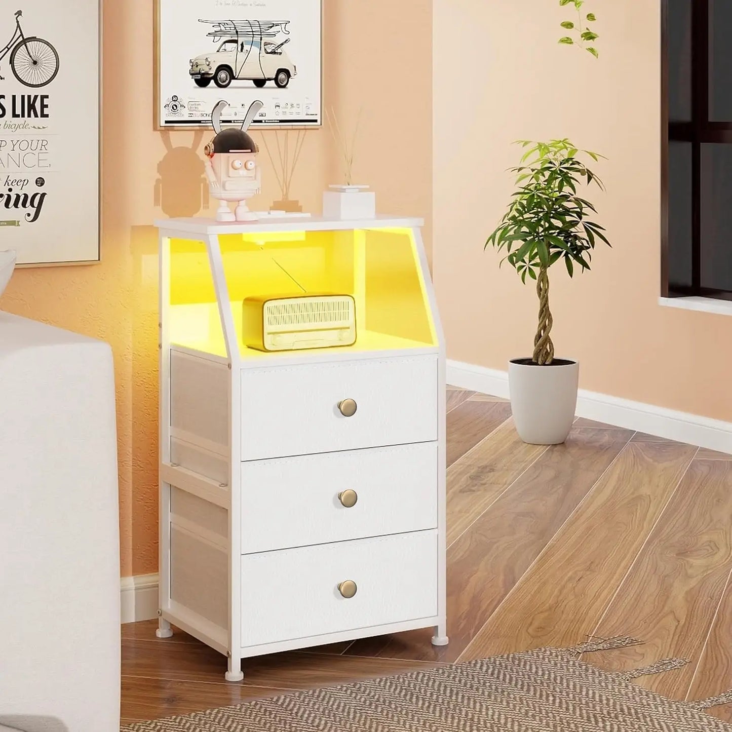 HUANHUI Nightstand Dresser With Fabric Drawers And 2 Tier Shelf