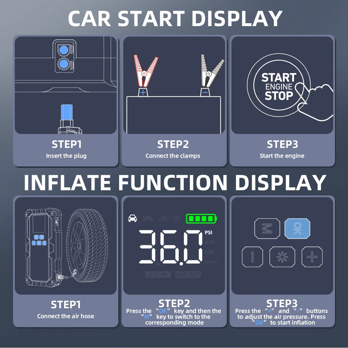 150PSI Air Pump Car Battery Emergency Boosters 7000A Car Jump Starter Power Bank Portable Starting Device Car Starter New