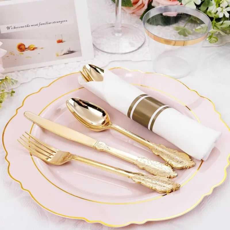 100Plates 350PCS Pink Plates Disposable Plastic Dinnerware include - Pink and Gold Plates 50guest Baroque