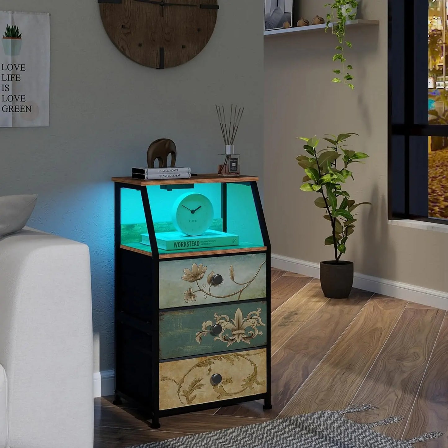 HUANHUI Nightstand Dresser With Fabric Drawers And 2 Tier Shelf