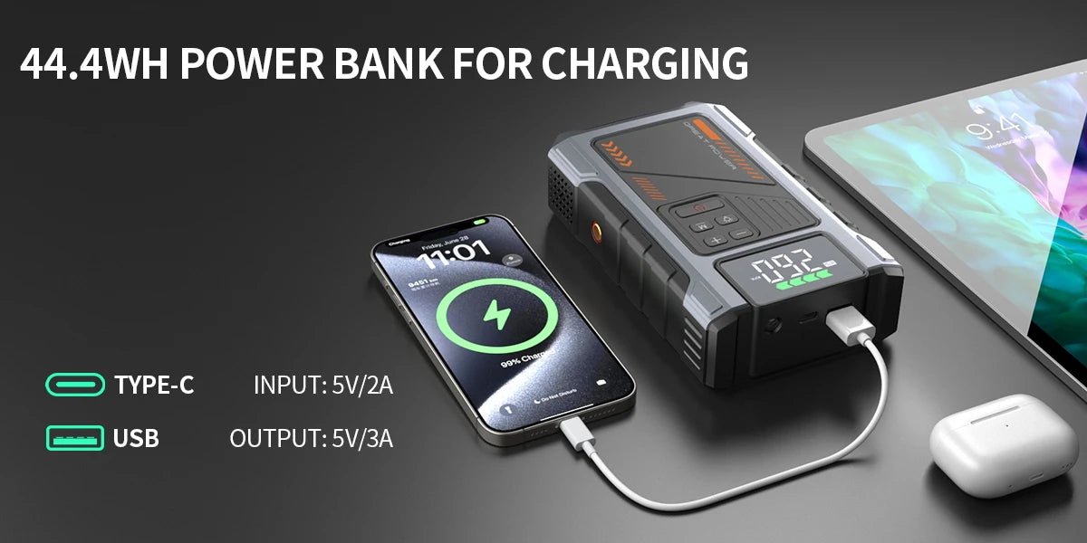 Portable Car Jump Starter With Air Compressor, 3000A Peak(7.5L Gas, 6.5L Diesel) , Jump Starter Battery PackWith150 PSl Tire Inf