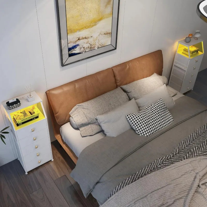 HUANHUI Nightstand Dresser With Fabric Drawers And 2 Tier Shelf