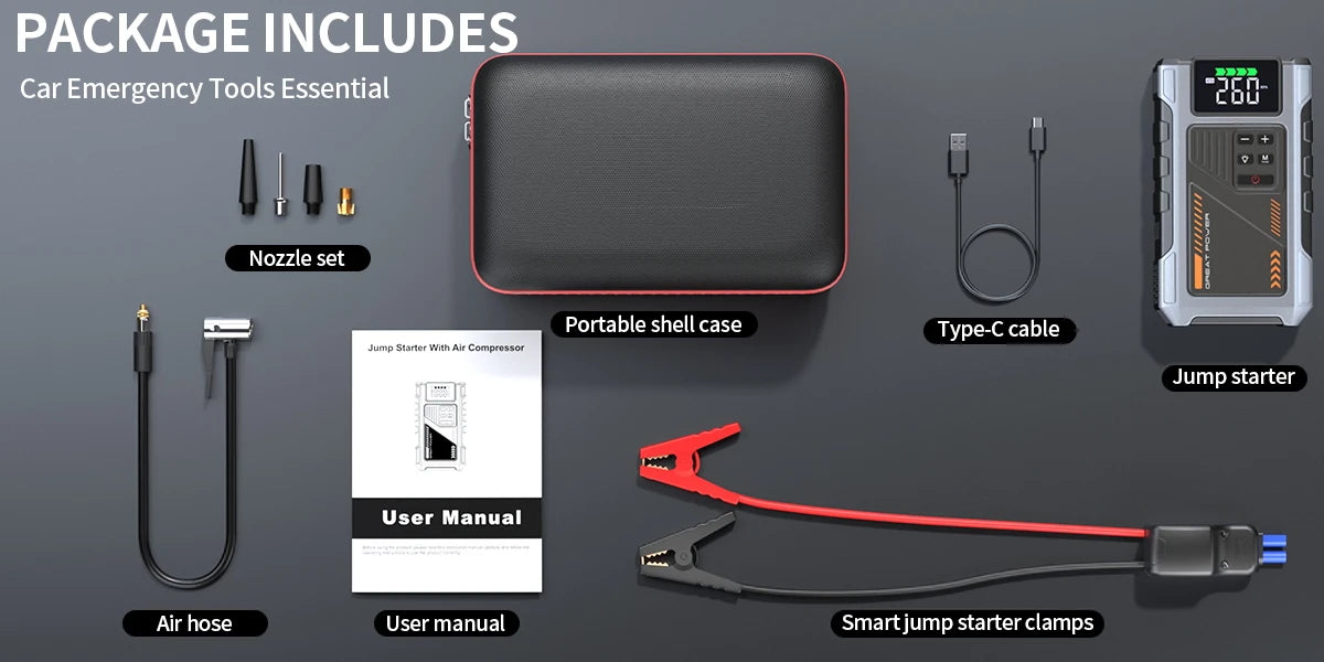 Portable Car Jump Starter With Air Compressor, 3000A Peak(7.5L Gas, 6.5L Diesel) , Jump Starter Battery PackWith150 PSl Tire Inf