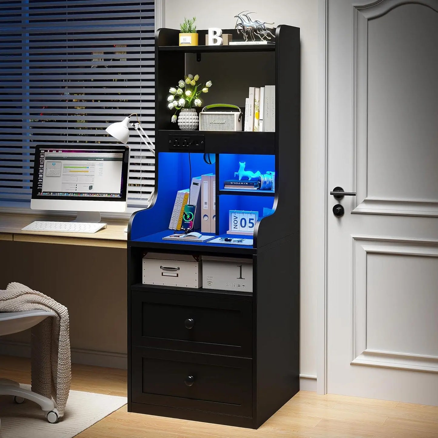 XMSJ Tall Nightstand With LED Lights And USB Charging
