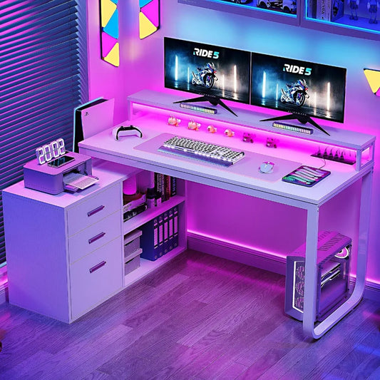 Hign-concerned L-Shaped Gaming Computer Desk With File Drawers