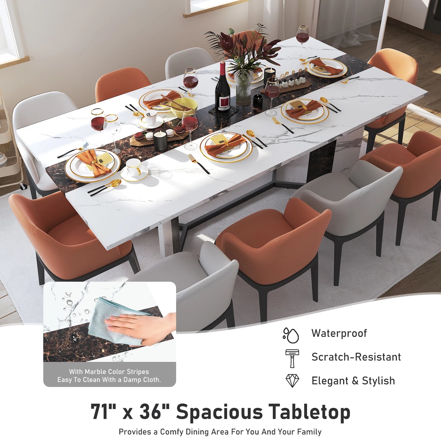 71In Large Rectangular White Dining Table for 4 5 6 8 10 People, Family Dinner Table w/Marble Color, Wood Tabletop, Metal Leg