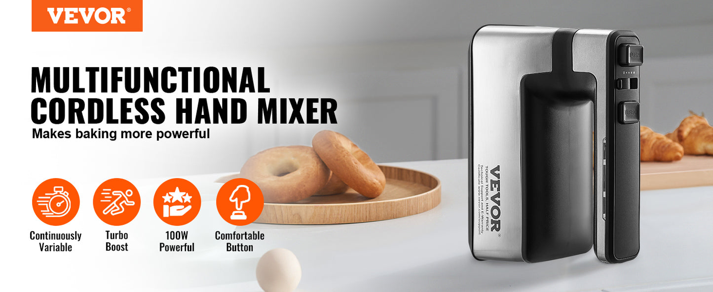 VEVOR Cordless Electric Hand Mixer HM1410 5 Gear 1100 RPM For Whipping Eggs And Batter