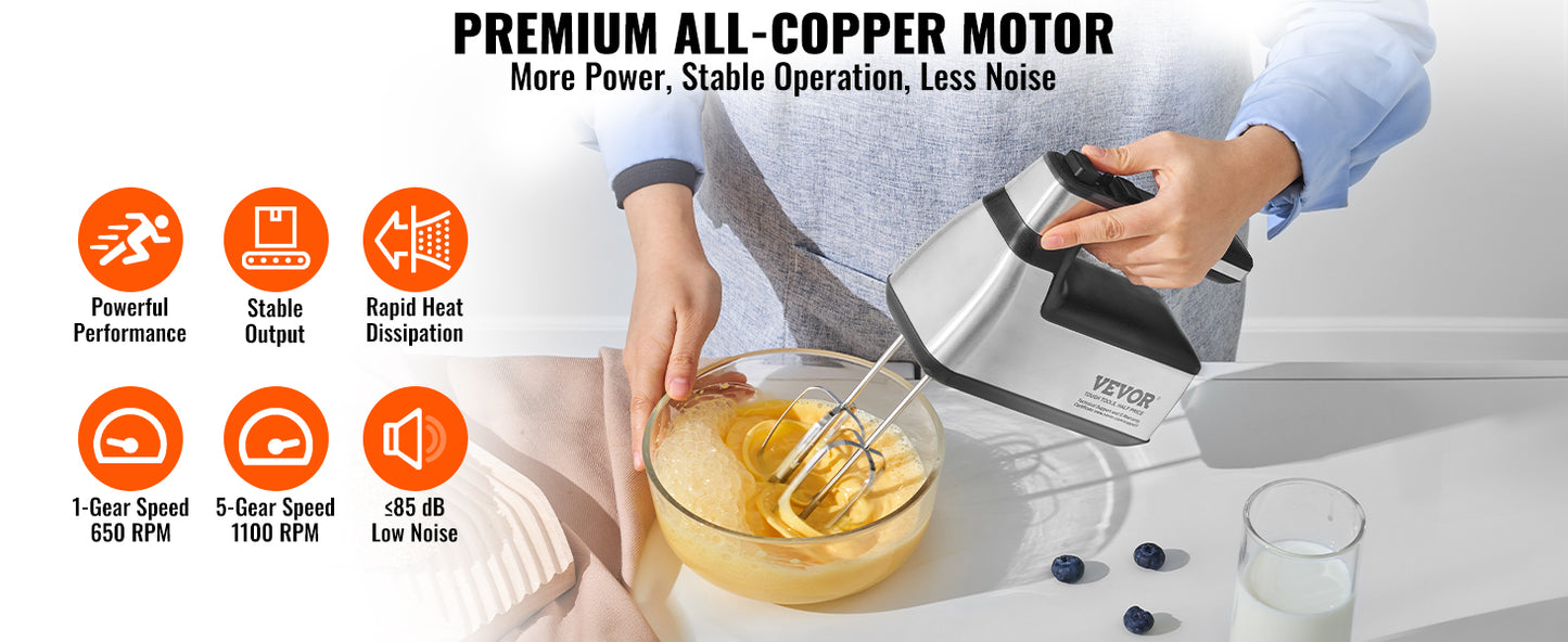 VEVOR Cordless Electric Hand Mixer HM1410 5 Gear 1100 RPM For Whipping Eggs And Batter