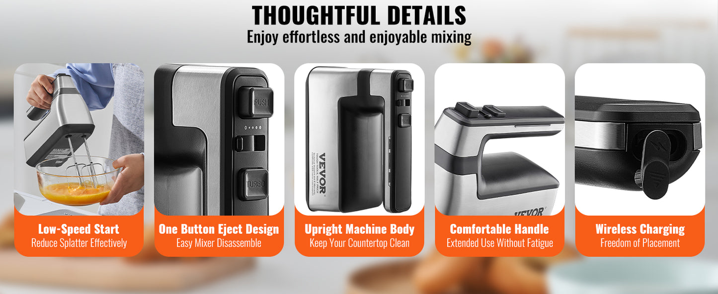 VEVOR Cordless Electric Hand Mixer HM1410 5 Gear 1100 RPM For Whipping Eggs And Batter