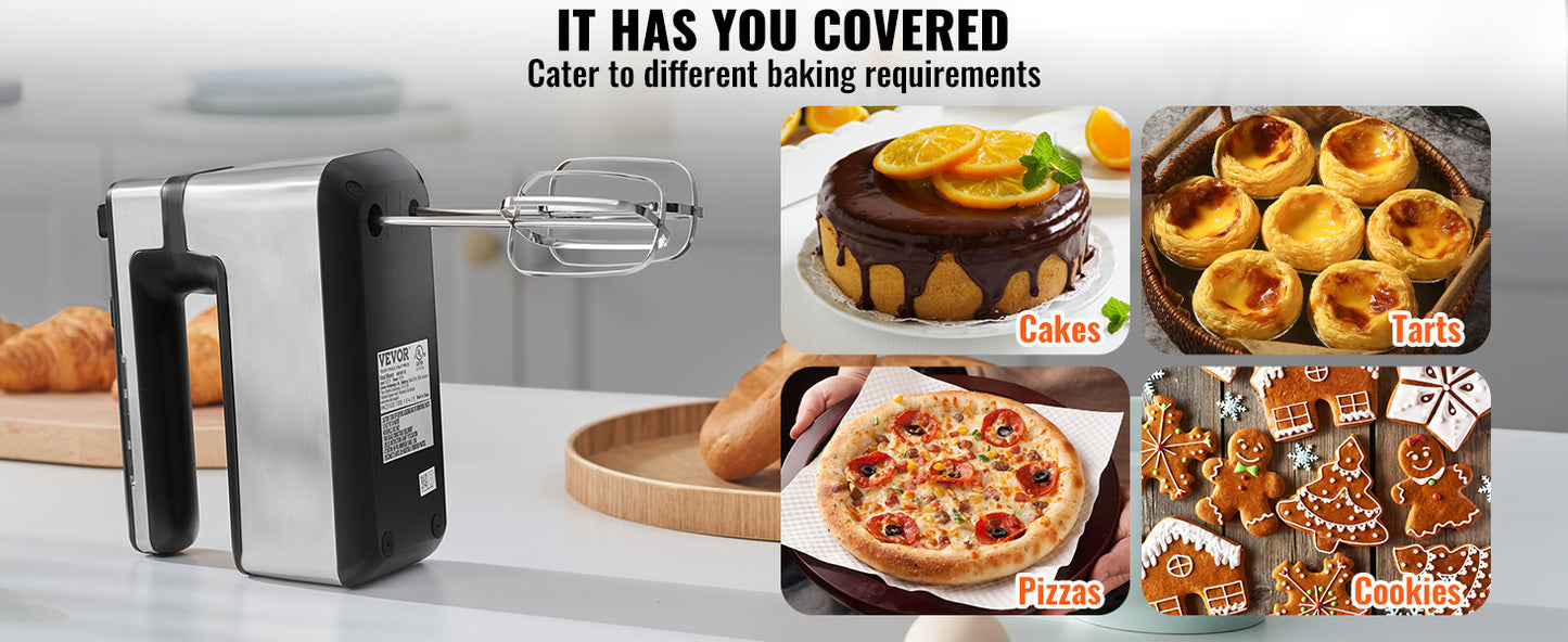 VEVOR Cordless Electric Hand Mixer HM1410 5 Gear 1100 RPM For Whipping Eggs And Batter