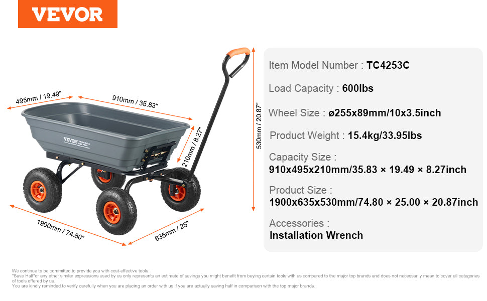 SucceBuy Dump Cart Poly Garden Dump Cart Easy to Assemble Steel Frame Dump Wagon with 2-in-1 Convertible Handle Safe Transport