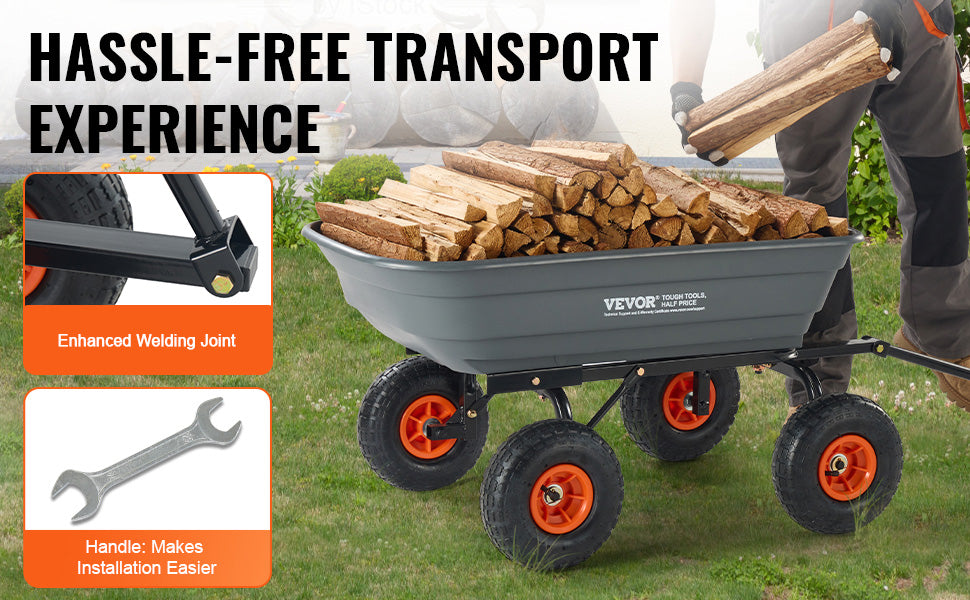 SucceBuy Dump Cart Poly Garden Dump Cart Easy to Assemble Steel Frame Dump Wagon with 2-in-1 Convertible Handle Safe Transport