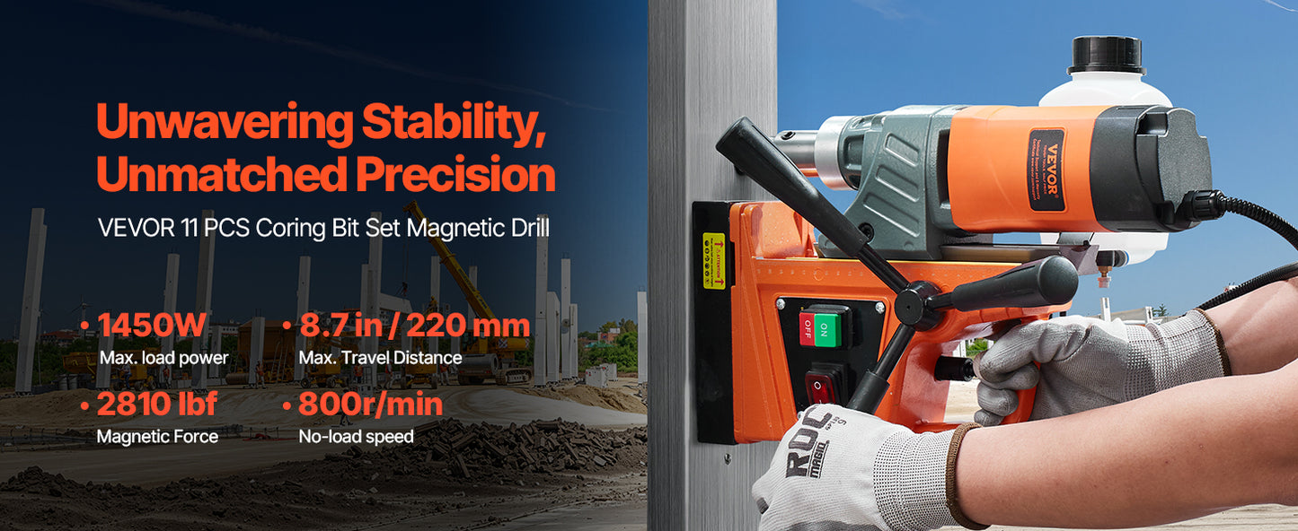 SucceBuy 11PCs Magnetic Drill Motor 1.6 in 1450W Boring Diameter 850RPM Speed 2810 lbf Portable Electric Mag Drill Press