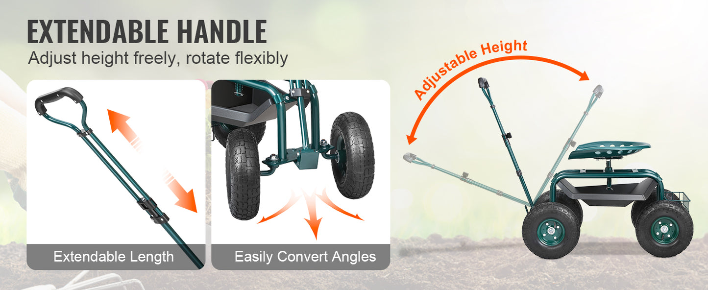 SucceBuy Garden Cart Rolling Workseat with Wheels Gardening Stool for Planting 360Degree Swivel Seat Wagon Scooter with Steering
