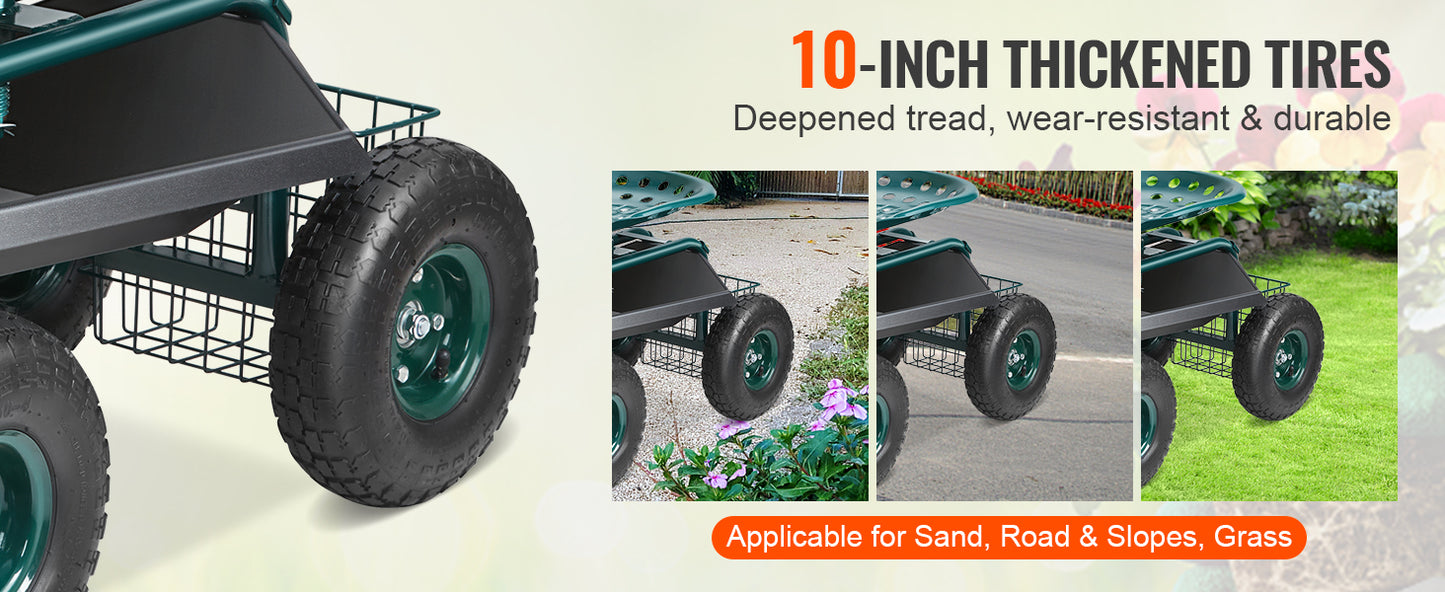 SucceBuy Garden Cart Rolling Workseat with Wheels Gardening Stool for Planting 360Degree Swivel Seat Wagon Scooter with Steering