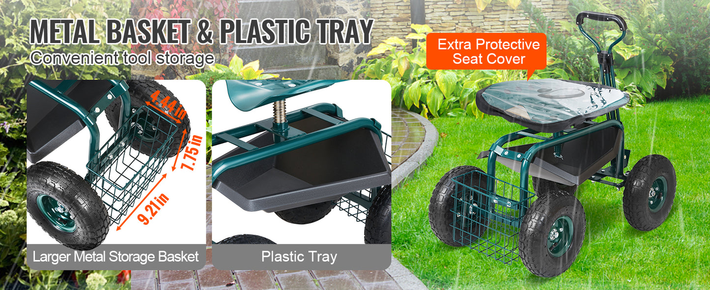 SucceBuy Garden Cart Rolling Workseat with Wheels Gardening Stool for Planting 360Degree Swivel Seat Wagon Scooter with Steering