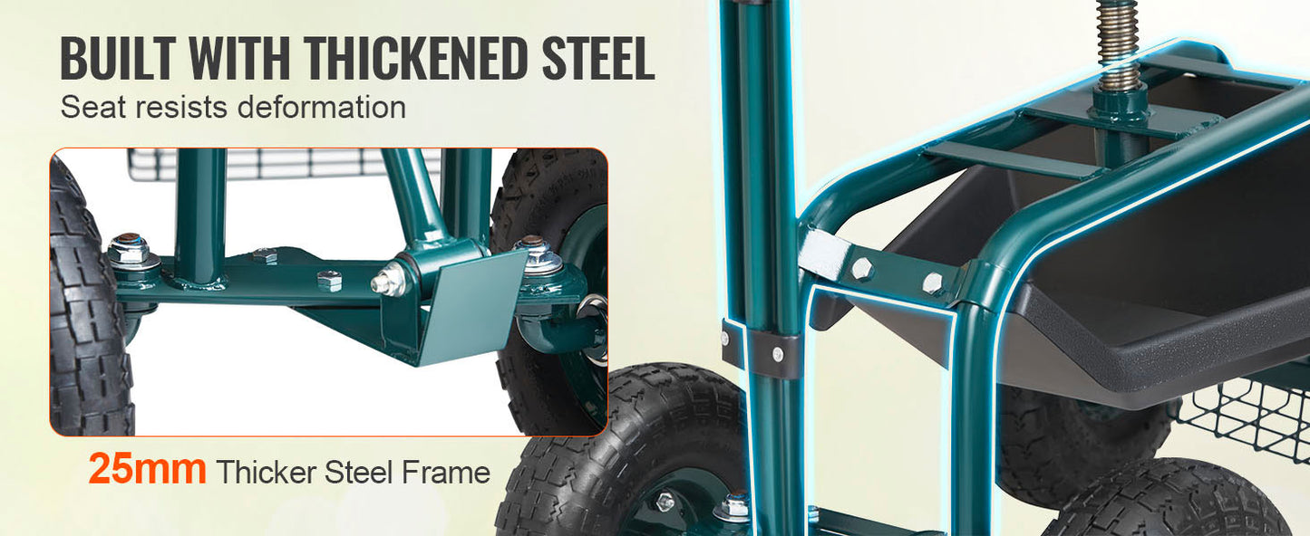 SucceBuy Garden Cart Rolling Workseat with Wheels Gardening Stool for Planting 360Degree Swivel Seat Wagon Scooter with Steering