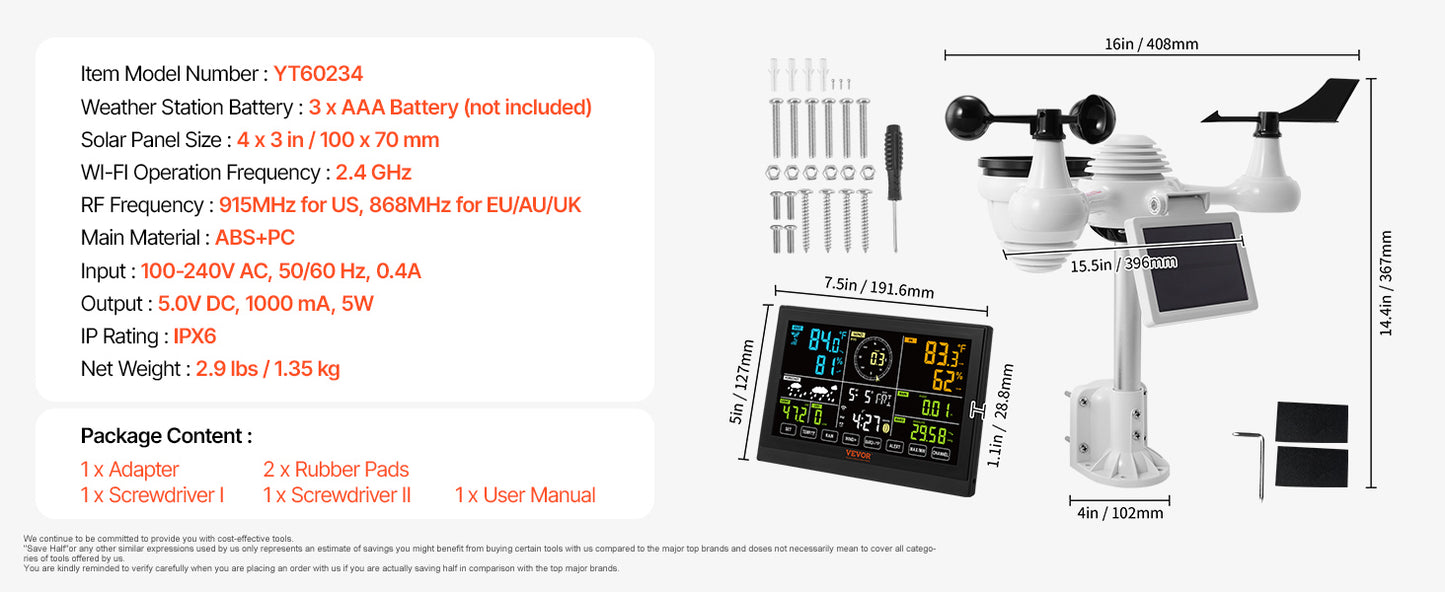 SucceBuy 7-in-1 Wi-Fi Weather Station 7.5 in Color Display + Solar Wireless Outdoor Sensor Alarm Alerts for Temperature Humidity