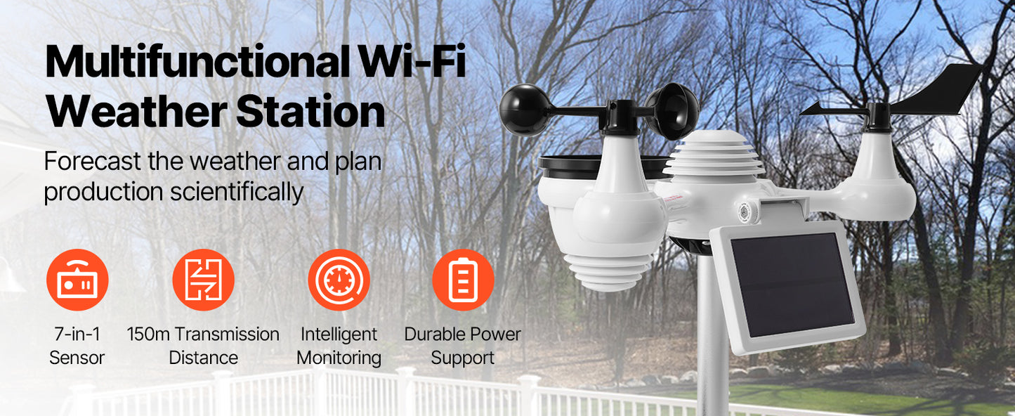 SucceBuy 7-in-1 Wi-Fi Weather Station 7.5 in Color Display + Solar Wireless Outdoor Sensor Alarm Alerts for Temperature Humidity